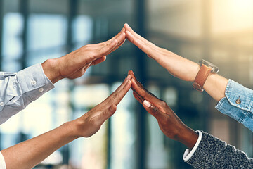 Fototapete - Teamwork, roof and hands of business people in office for collaboration, connection and support. Corporate, diversity and workers for security, cooperation and partnership in insurance company