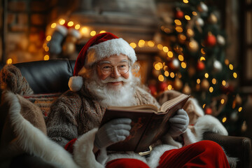 Wall Mural - Santa Claus reading a Christmas story to children in a cozy indoor setting, with warm lighting and festive decorations, creating a warm and engaging atmosphere.