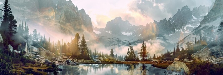 Poster - Majestic double exposure landscape showcasing the powerful and awe-inspiring beauty of the Rocky Mountains,with ample copy space for text overlay.