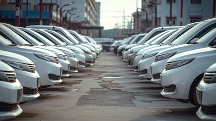 A row of white cars are parked in a lot