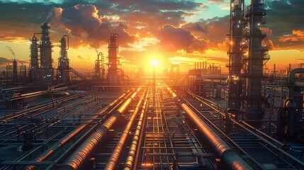 Wall Mural - A sunset over a large industrial area with many pipes