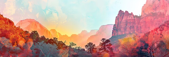 Poster - Stunning double exposure image that captures the vivid,otherworldly colors and dramatic canyons of Zion National Park,with ample copy space for text overlay or additional design elements.