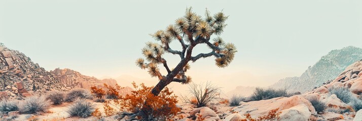 Wall Mural - Surreal double exposure landscape of the Joshua Tree National Park,symbolizing the strange and whimsical desert environment with a dreamlike,ethereal atmosphere and copyspace for text overlay.