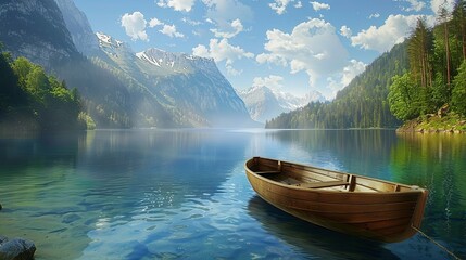 Canvas Print - Stunning scenic wallpaper featuring a tranquil mountain lake with a rowboat drifting peacefully on the calm,reflective waters. Surrounded by lush forests and towering peaks.