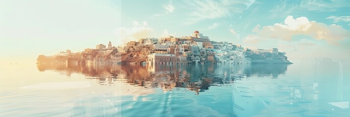 Poster - Breathtaking double exposure landscape of the timeless beauty and serenity of the iconic Greek island of Santorini,featuring dramatic skies,a serene coastal view.