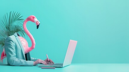 Flamingo bird in suit using a laptop while working on bright pastel background. advertisement. presentation. commercial. editorial. copy text space.