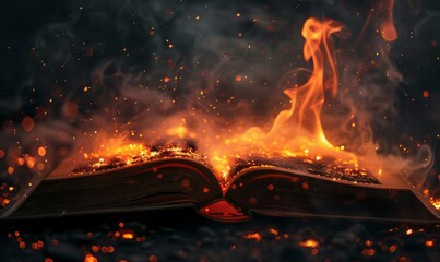 Wall Mural - Open book engulfed in flames with glowing embers and smoke