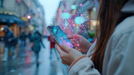 Poster - Woman Using Smartphone with Digital Interface