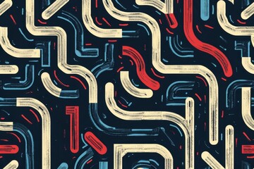 Wall Mural - A pattern with blue, red, and white lines forming an intricate maze design on a dark navy background Generative AI