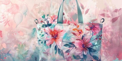 Wall Mural - Floral printed handbag with teal straps.