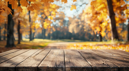 Beautiful autumn background with a wooden table for product display presentation mock up and a blur forest in the park background 