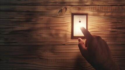 Closeup a human finger is turn on light switch at wood wall at home. Generated AI image