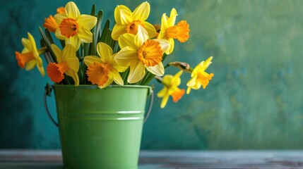 Canvas Print - Colorful daffodil bouquet in green bucket - florist display concept