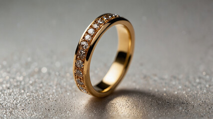 Luxurious Gold Ring with Diamonds Sparkling on Glittery Surface Close-Up Shot