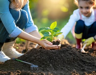 Planting seedling in organic soil. Generated image