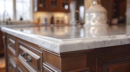 Sticker - Contemporary kitchen island with marble top in close-up photo with blurred kitchen background.