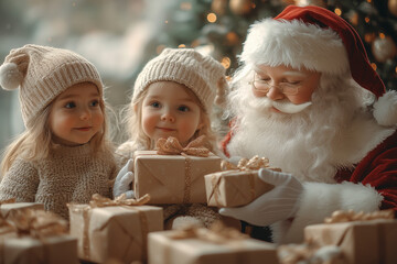 Wall Mural - Santa Claus giving gifts to children in a festive indoor setting, with bright natural lighting and holiday decorations, creating a joyful and festive atmosphere.