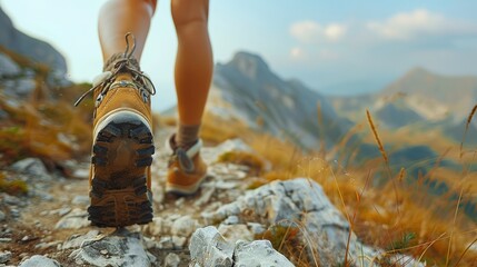 Hiking in the mountains. Female legs with sports shoes and backpack running on a trail mountain