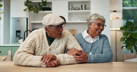 Canvas Print - Senior couple, together and laugh in home for funny conversation, bonding and care with love. Elderly man, woman and happy in dining room with silly discussion for comedy joke, relax and retirement