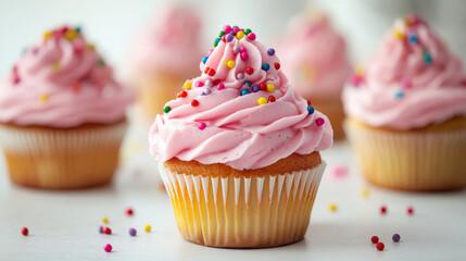 A delicious cupcake adorned with pink icing and colorful rainbow sprinkles shown in close-up, representing a joyous and delightful treat ideal for festive occasions.