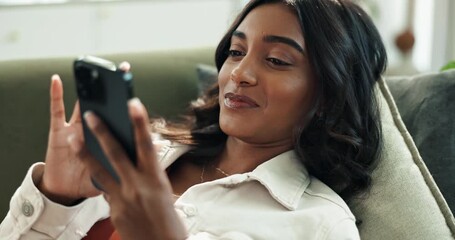 Poster - Woman, home and browse or happy on smartphone, internet and scrolling on social media for communication. Smiling, typing and meme post or blog update in living room, mobile app and connection