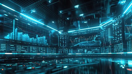 Poster - Futuristic Data Center with Screens Displaying Financial Charts and Numbers