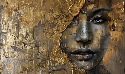 Wall Mural - Oil painting with a metallic finish, incorporating gold leaf for a luxurious touch