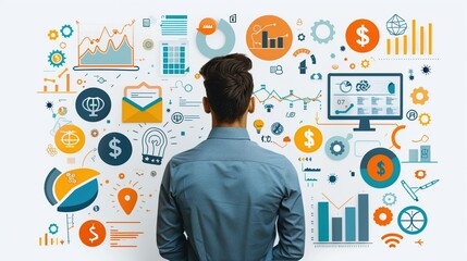 Poster - Businessman Looking at Data Visualization on White Wall