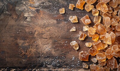 Wall Mural - Sweet caramelized sugar crystals on rustic table with copy space top view