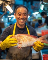 Wall Mural - A Japanese man wearing yellow rubber gloves is smiling while cleaning fish at the fishing port.