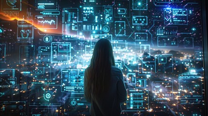 Poster - Woman Looking at Futuristic Digital Interface