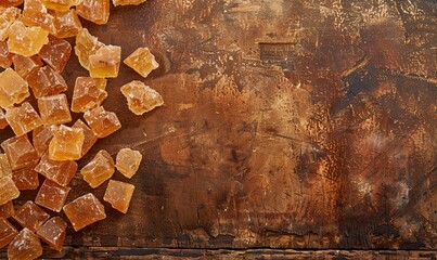 Canvas Print - Sweet caramelized sugar crystals on rustic table with copy space top view