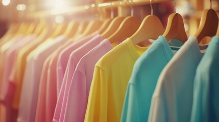 Poster - Colorful shirts hanging on hangers with a blurred background.