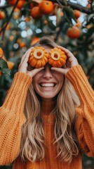 Poster - A woman is holding two orange pomegranates in her hands and making faces