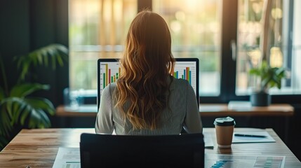 Poster - Woman working at her desk with graphs on the computer screen