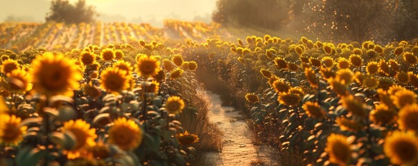 Canvas Print - Vibrant sunflower field with a winding path leading through it, 4K hyperrealistic photo