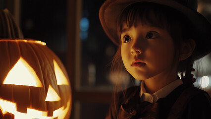 Asian female dressed for Halloween, copy space, looking at the subject with a serious or sad expression