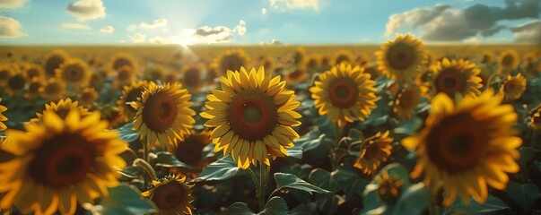 Canvas Print - Vibrant sunflower field stretching towards the horizon, 4K hyperrealistic photo