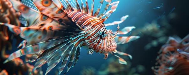 Wall Mural - Striking lionfish with flowing fins, 4K hyperrealistic photo