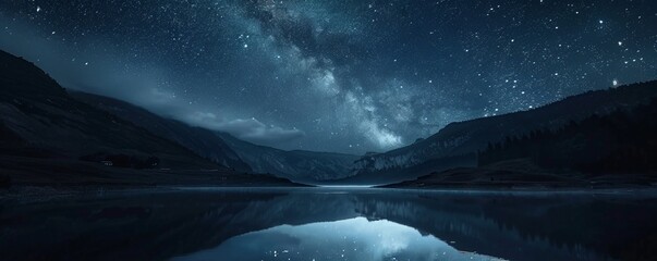 Wall Mural - starry night sky over a tranquil lake, 4k hyperrealistic photo