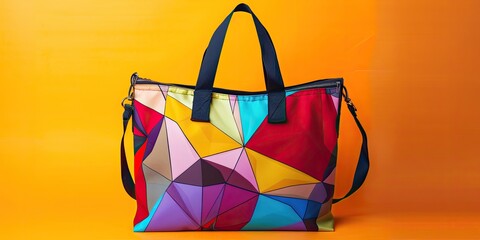 A colorful geometric tote bag on an orange background.