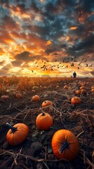 a field of pumpkins with a person walking through it