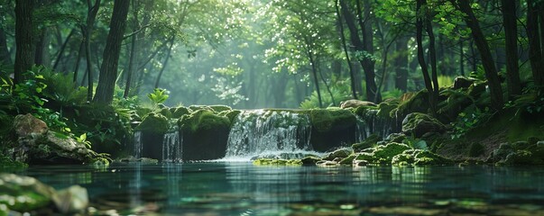 Wall Mural - Serene forest with a hidden waterfall, 4K hyperrealistic photo