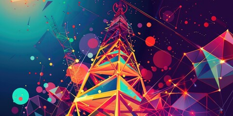 Geometric shapes, neon colors, and a glowing tower.