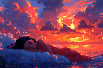 Wall Mural - A Beautiful Woman Sleeping on a Cloud Above a Tranquil Landscape at Sunset.