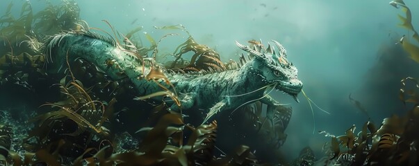 Wall Mural - Mysterious sea dragon blending with kelp, 4K hyperrealistic photo