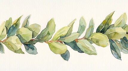 Wall Mural - This elegant watercolor image features a border composed of green leaves arranged in a linear pattern, creating a sense of natural harmony and delicate beauty, perfect for various design applications