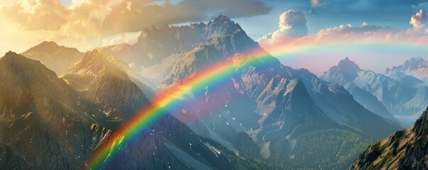 Sticker - Majestic mountain range with a vibrant rainbow arching over the peaks, 4K hyperrealistic photo