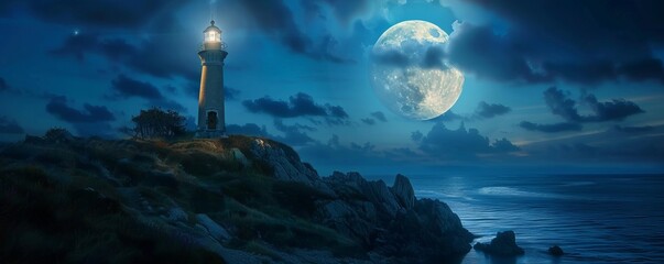 Wall Mural - Majestic lighthouse illuminated by a full moon, 4K hyperrealistic photo