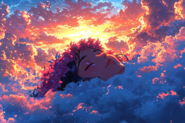 Wall Mural - A Beautiful Woman Sleeping on a Cloud Above a Tranquil Landscape at Sunset.